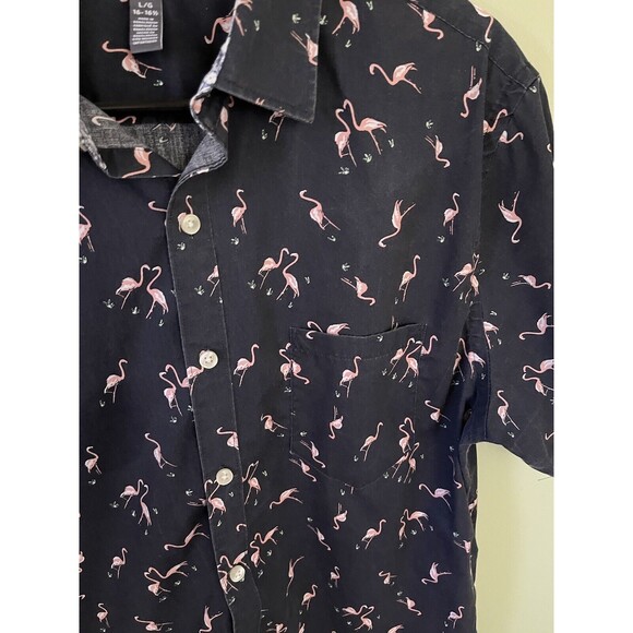 Van Heusen Men's Button Down Short Sleeve Casual Gray Shirt Pink Flamingos Large - Picture 4 of 6